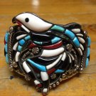 7" Kachina Bird Inlay Wide Turquoise Stone 925 Sterling Silver Cuff Bracelet