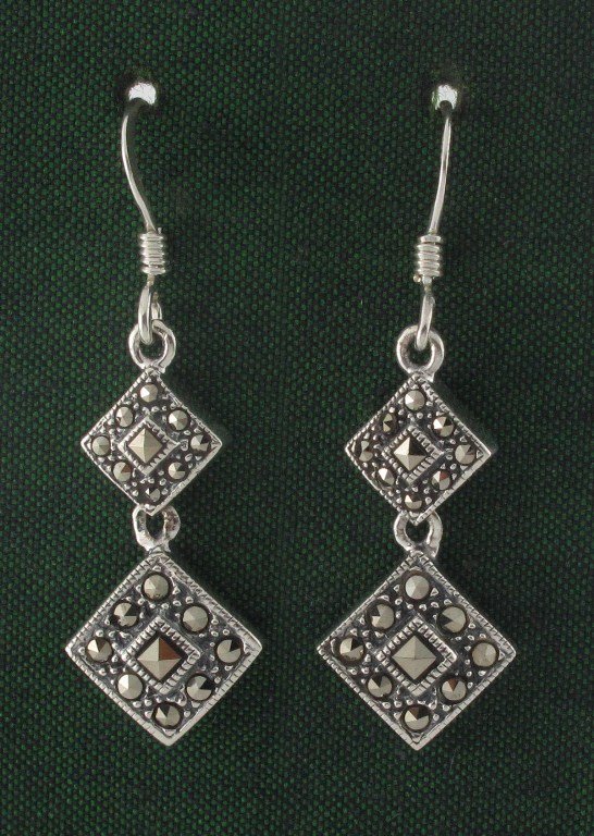 Double Square Link Drop Marcasite 925 Sterling Silver Dangle Earrings