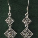 Double Square Link Drop Marcasite 925 Sterling Silver Dangle Earrings