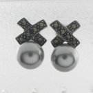 Cross X Round Bead Marcasite 925 Sterling Silver Stud Earrings Vintage
