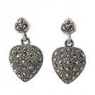 Love Heart Dangle Marcasite 925 Sterling Silver Earrings Vintage