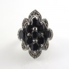 Marquise Cluster Stone Black Onyx Marcasite 925 Sterling Silver Ring