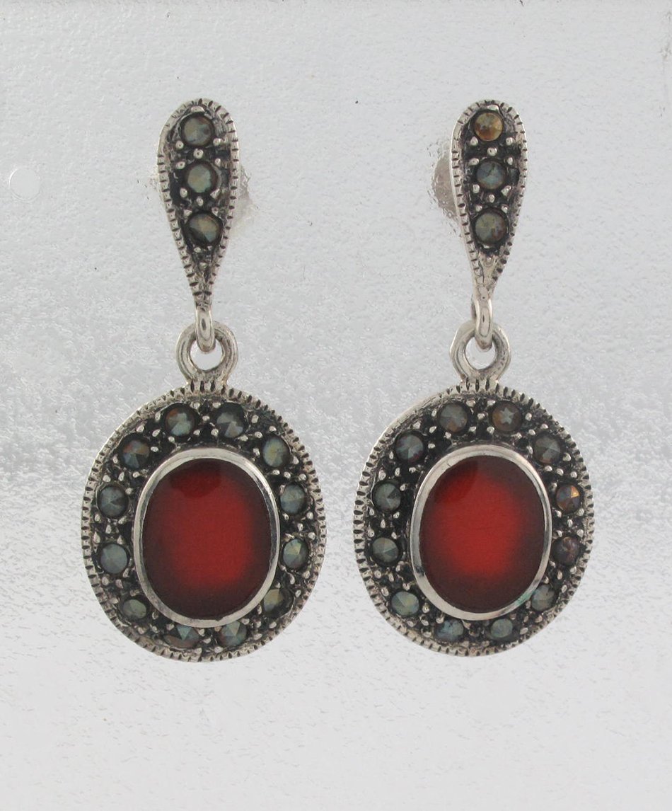 Oval Stone Dangle Drop Marcasite 925 Sterling Silver Stud Earrings