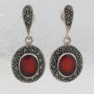 Oval Stone Dangle Drop Marcasite 925 Sterling Silver Stud Earrings