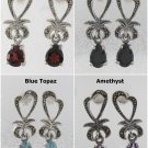 Gemstone Teardrop Heart Marcasite 925 Sterling Silver Stud Earrings
