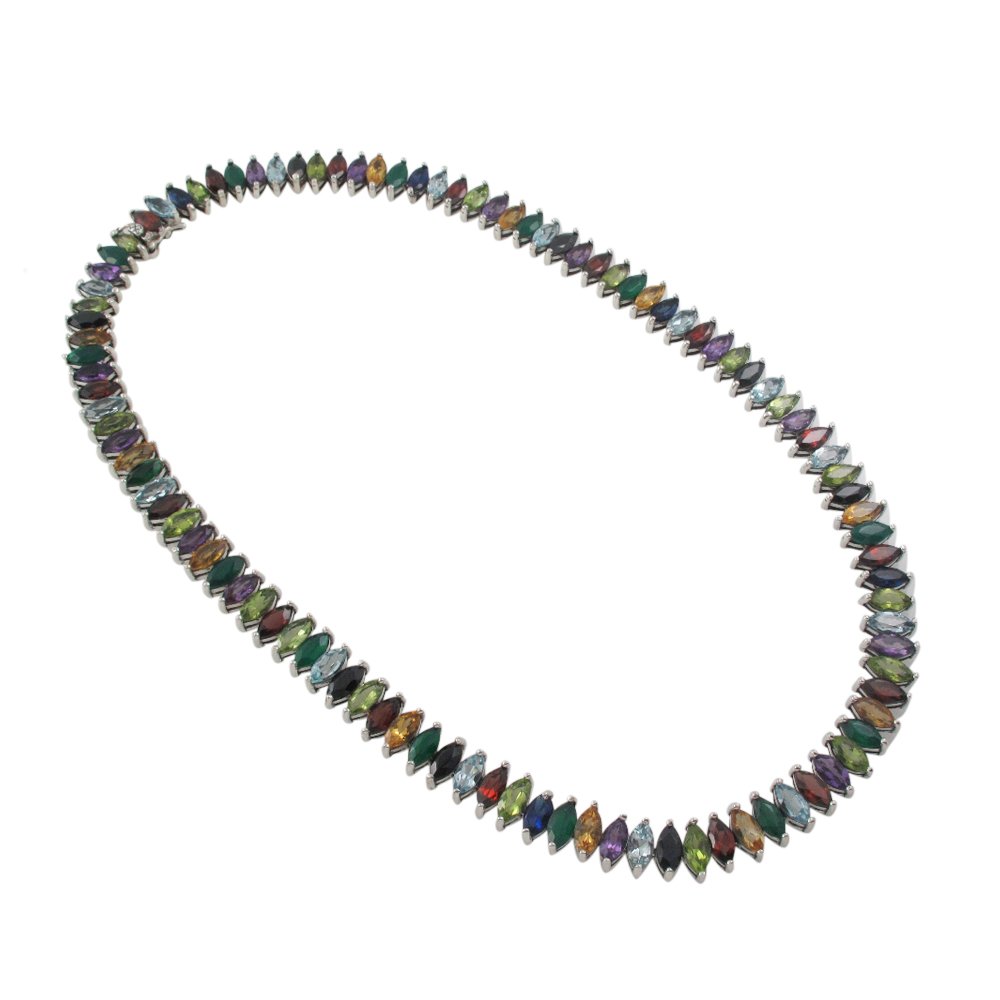 Marquise Row Link Chain Multicolor Gemstone 925 Sterling Silver Necklace