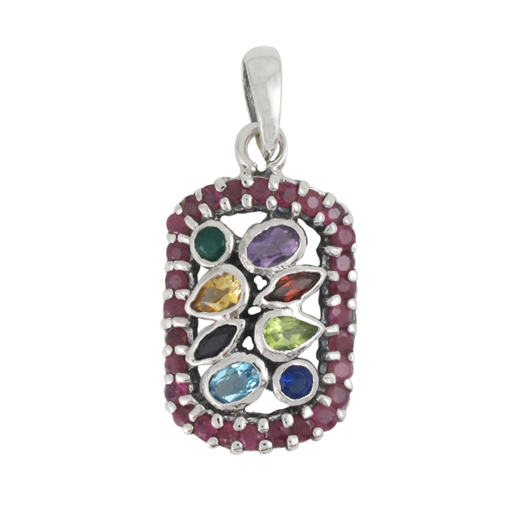 Round Rectangle Ruby Muticolor Gemstone 925 Sterling Silver Pendant