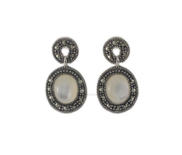 Oval Inlay Stone Dangle Marcasite 925 Sterling Silver Earrings