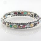 7" 8" Multicolor Gemstone Row Marcasite Band Round 925 Sterling Silver Bangle