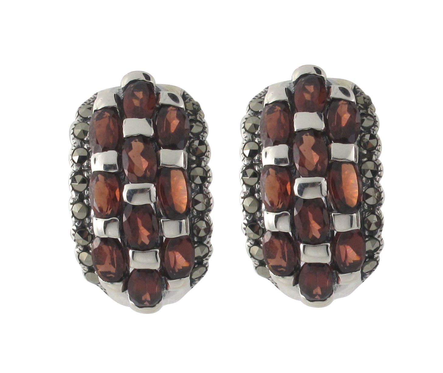 Half Hoop Red Garnet Stone Marcasite 925 Sterling Silver Earrings