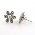 Cute White Bead Marcasite Flower Sterling Silver Stud Earrings