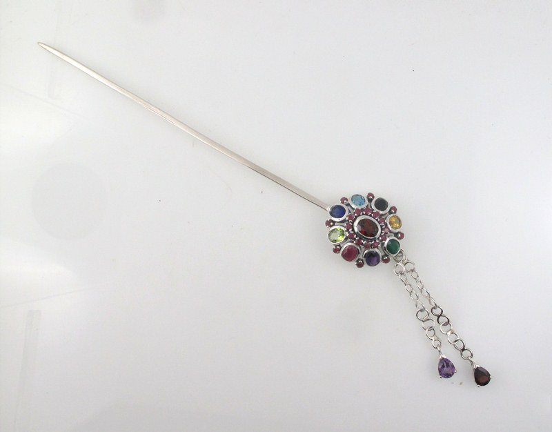 Oval Multicolor Gemstone Topaz Amethyst Peridot 925 Sterling Silver Hair Pin