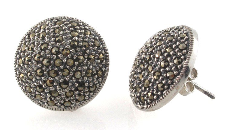 Round Circle Button Marcasite 925 Sterling Silver Stud Earrings
