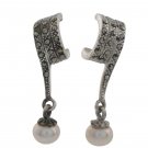 Marcasite Vintage Round Peart Dangle 925 Sterling Silver Earrings