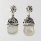 White MOP Vintage Crown Drop Marcasite 925 Sterling Silver Earrings Vintage