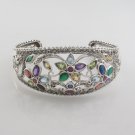 6.5" Floral Marcasite Multicolor Gemstone 925 Sterling Silver Cuff Bracelet