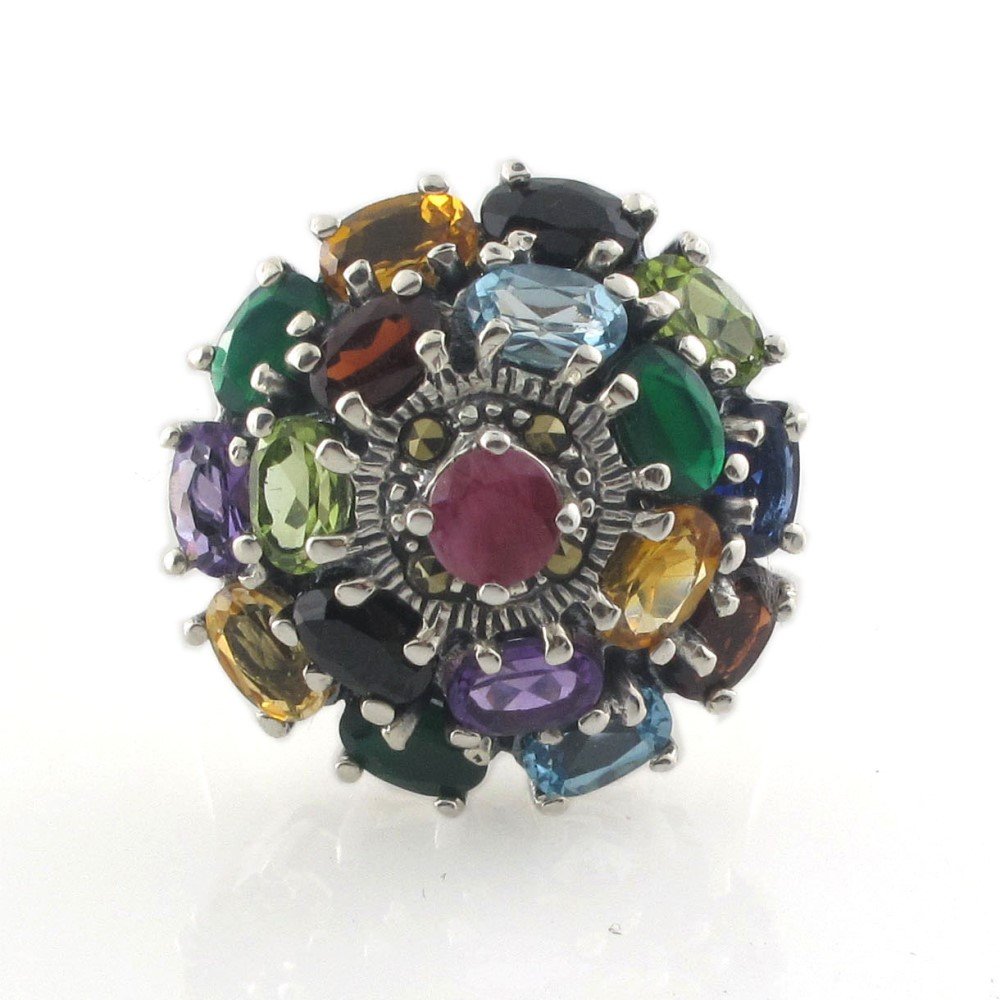 Multi Color Gemstone Round Flower Marcasite Cocktail 925 Sterling Silver Ring