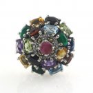 Multi Color Gemstone Round Flower Marcasite Cocktail 925 Sterling Silver Ring