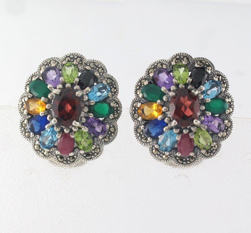 Sparkle Flower Multi Color Gem Marcasite 925 Sterling Silver Clip-on Earrings