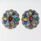 Sparkle Flower Multi Color Gem Marcasite 925 Sterling Silver Clip-on Earrings