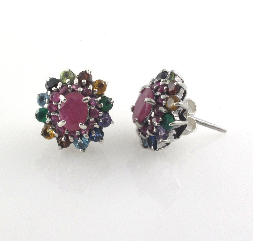 Oval Ruby Multicolor Flower Gemstone 925 Sterling Silver Stud Earrings Cluster
