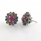 Oval Ruby Multicolor Flower Gemstone 925 Sterling Silver Stud Earrings Cluster
