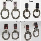 Square Stone Oval Drop Marcasite Sterling Silver Stud Earrings