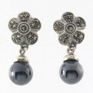 Flower Bead Dangle Marcasite 925 Sterling Silver Vintage Earrings