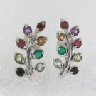 Floral Plant Multi Color Gemstone 925 Sterling Silver Stud Earrings