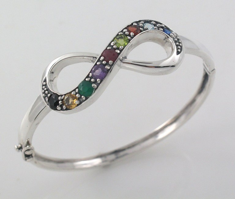 7" Eternal Love Infinity Multicolor Gemstone 925 Sterling Silver Bangle Bracelet