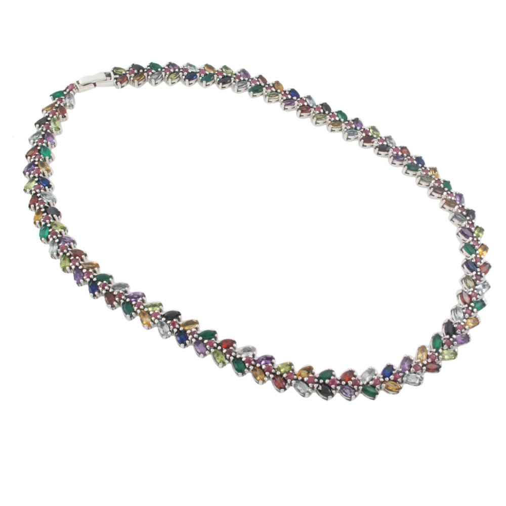 10mm Vine Leaf Branch Row Multicolor Gemstone Link 925 Sterling Silver Necklace