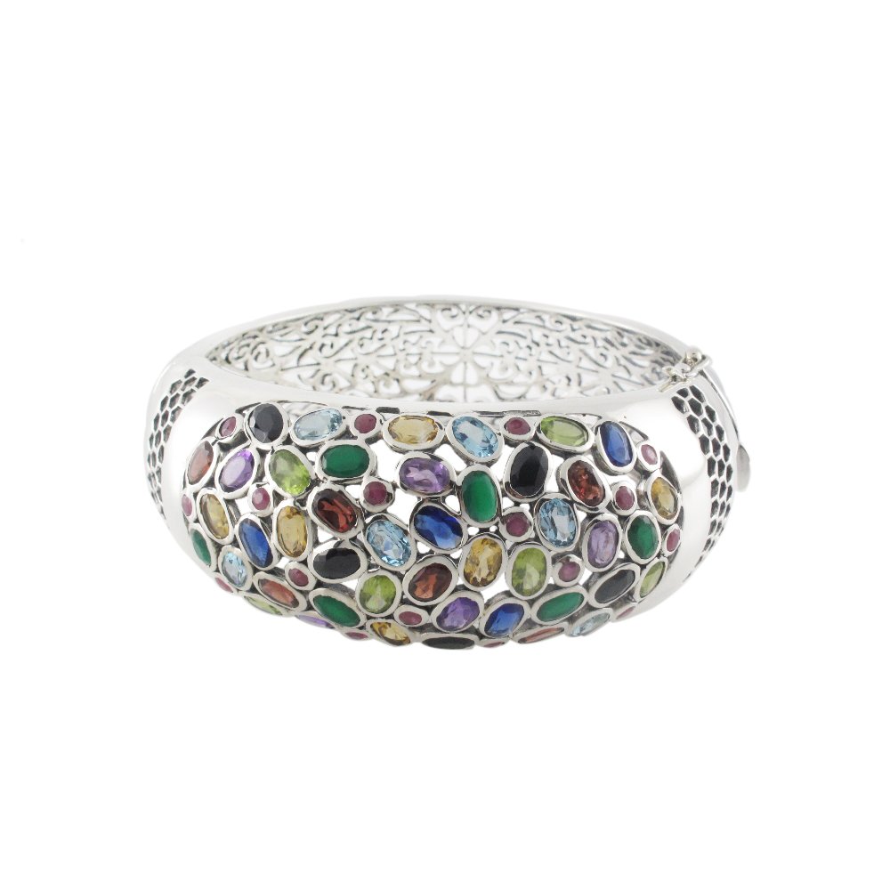 Elegant Statement Cluster Gemstone 925 Sterling Silver Bangle Band Bracelet