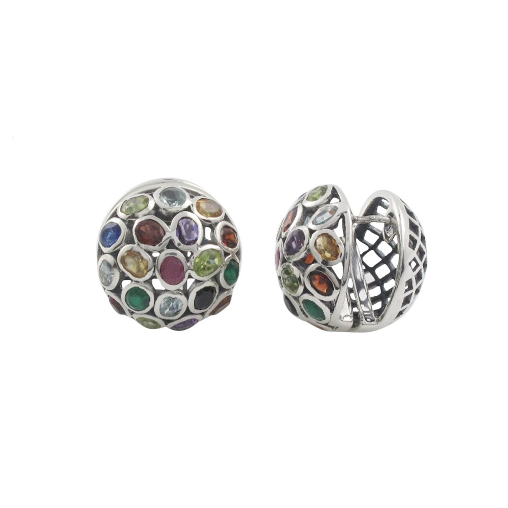 Cluster CIrcle Round Multicolor Stone 925 Sterling Silver Snap Stud Earrings