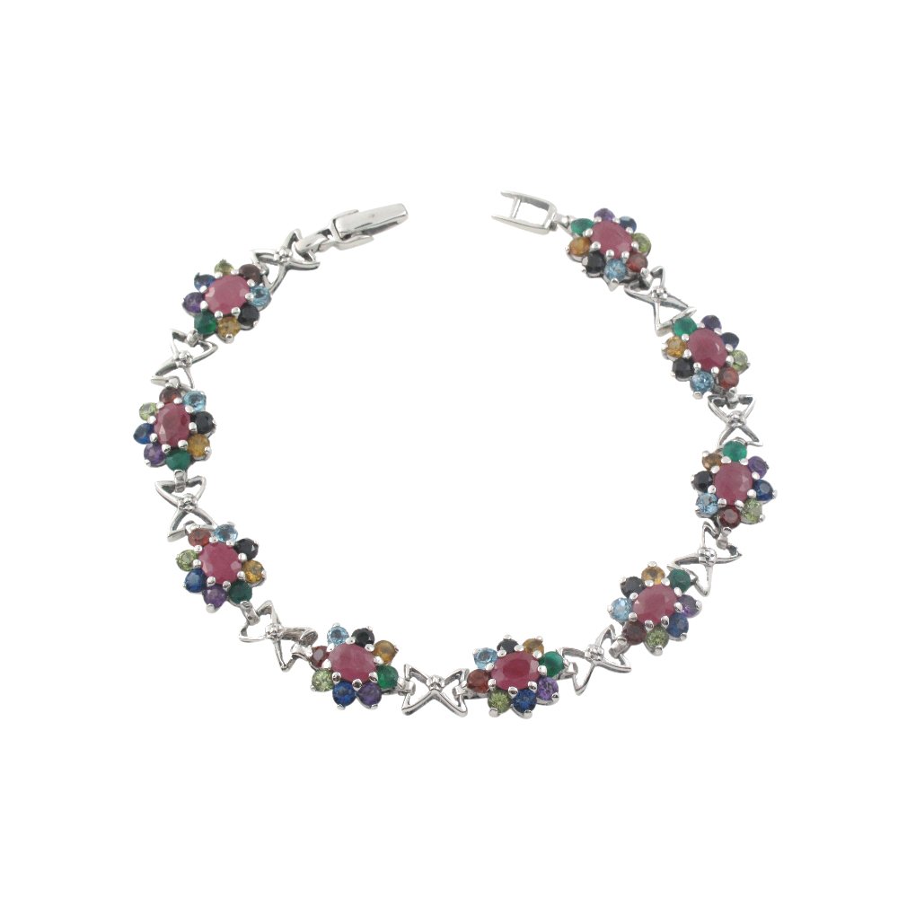 Ribbon Bow Flower Multicolor Gemstone Link Chain 925 Sterling Silver Bracelet