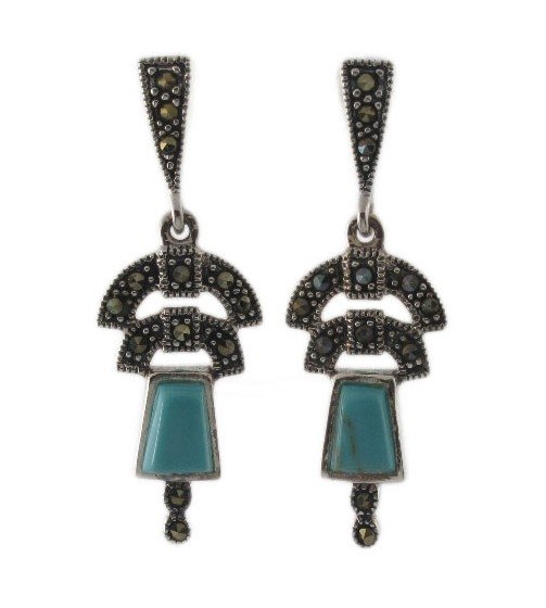 Vintage Square Inlay Stone Dangle Marcasite 925 Sterling Silver Earrings