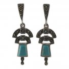 Vintage Square Inlay Stone Dangle Marcasite 925 Sterling Silver Earrings