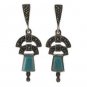 Vintage Square Inlay Stone Dangle Marcasite 925 Sterling Silver Earrings