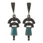 Vintage Square Inlay Stone Dangle Marcasite 925 Sterling Silver Earrings
