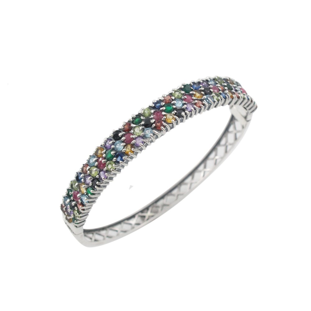 8" Circle Dot Cluster Multicolor Gemstone 925 Sterling Silver Bracelet Bangle
