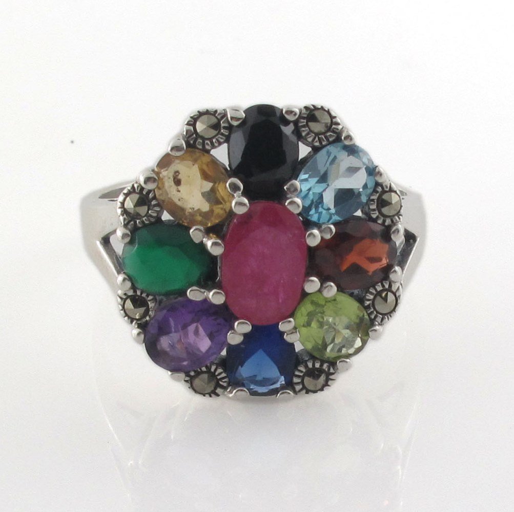 Multi Color Gemstone Statement Oval Cocktail 925 Sterling Silver Ring