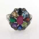 Multi Color Gemstone Statement Oval Cocktail 925 Sterling Silver Ring