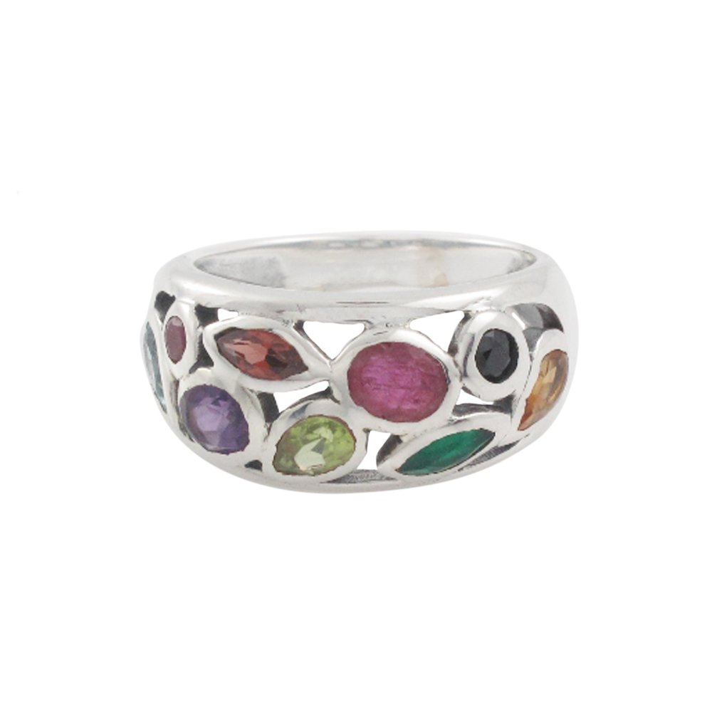 Oval Cluster Multicolor Gemstone Mini Band 925 Sterling Silver Ring