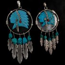 Indian Headdress Carve Blue Turquoise Feather 925 Sterling Silver Pendant
