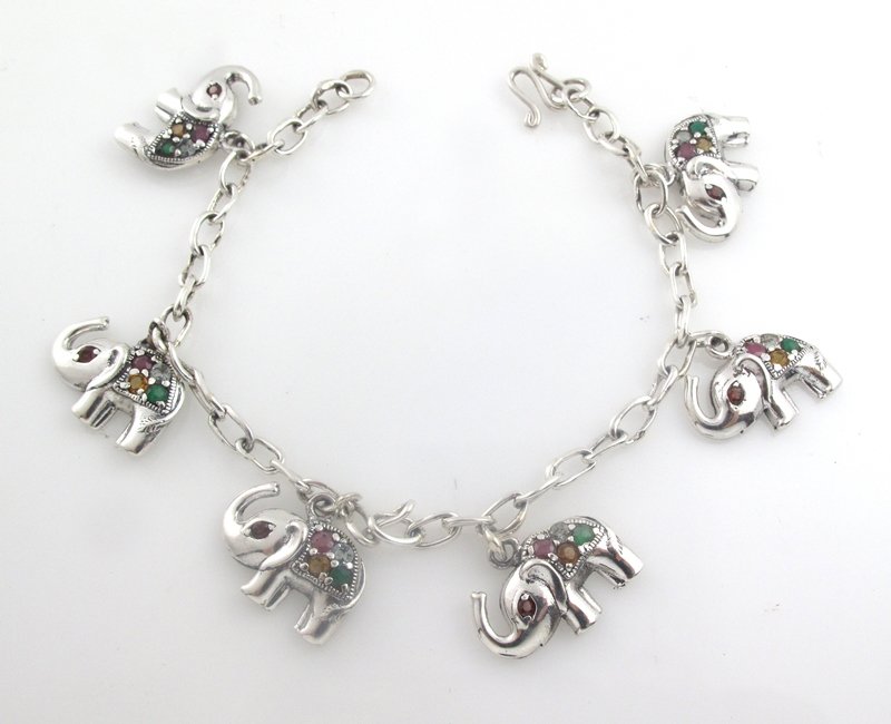 Elephant Dangle Multicolor Gemstone 925 Sterling Silver Link Chain Bracelet