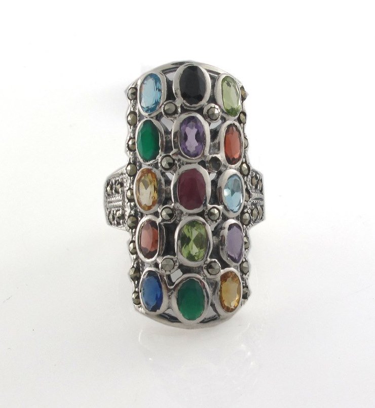 Multi Color Gemstone Rectangle Oval Stone Cocktail 925 Sterling Silver Ring