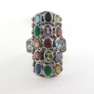 Multi Color Gemstone Rectangle Oval Stone Cocktail 925 Sterling Silver Ring