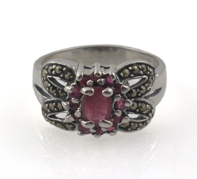 Red Ruby Floral Flower Marcasite 925 Sterling Silver Ring