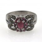 Red Ruby Floral Flower Marcasite 925 Sterling Silver Ring