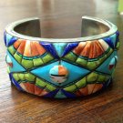 7" Sunface Tribal Turquoise Coral Inlay 925 Sterling Silver Cuff Brace