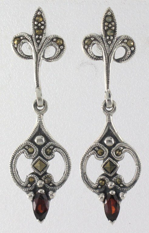 Fleur de Lis Dangle Gem Stone Marcasite Sterling Silver Earrings